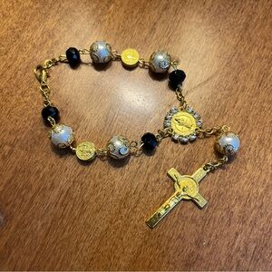 Gold and Black Beaded White Pearl Cross Chain for Rearview Mirror